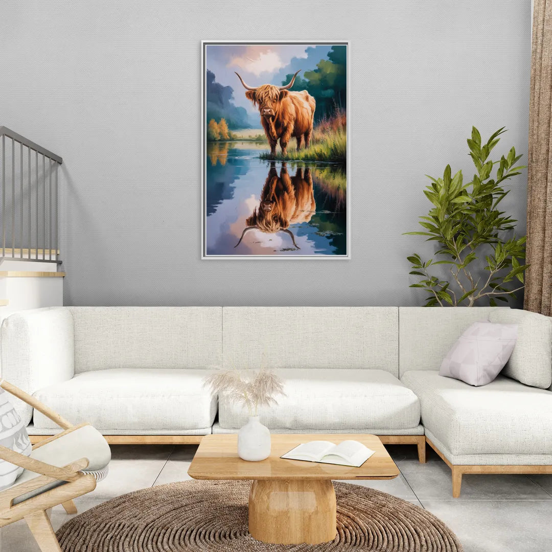 Highland Cow Reflections - Living Room White Frame Canvas