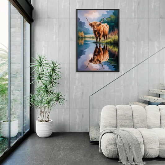 Highland Cow Reflections - Living Room Black Frame Canvas