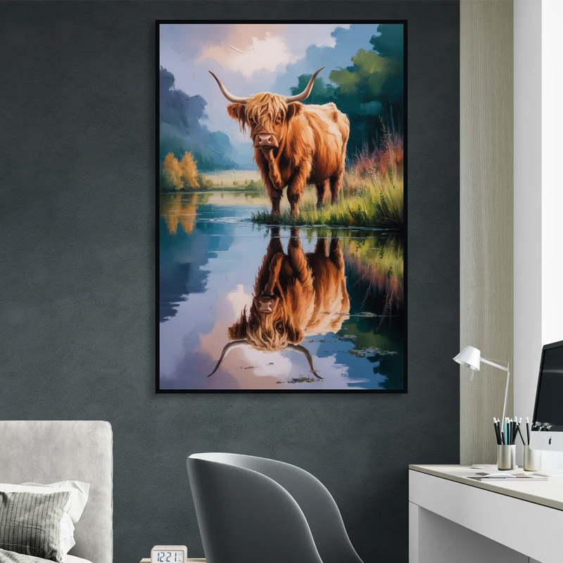 Highland Cow Reflections Sitting Room - Black Canvas Wall Art