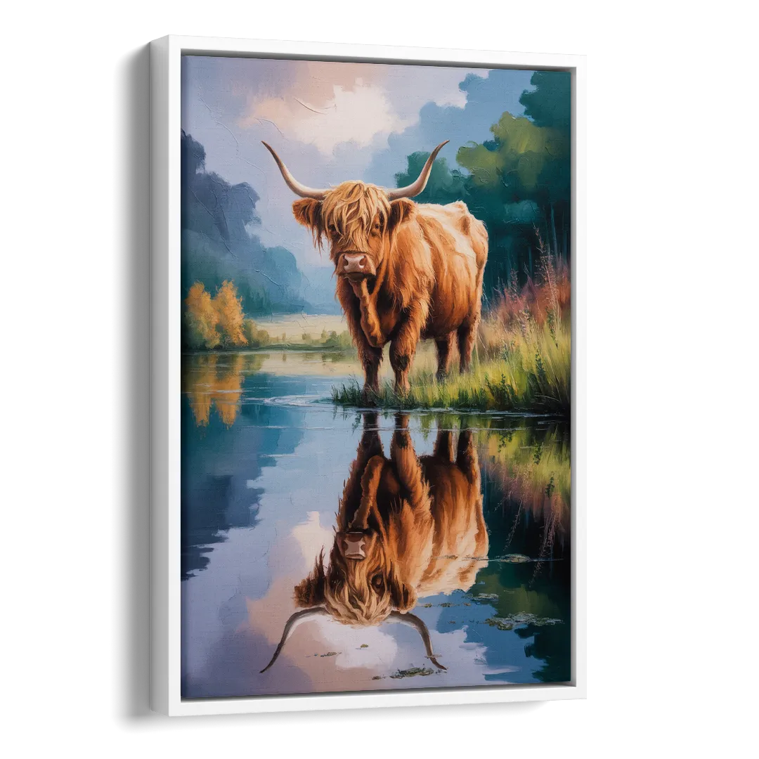 Highland Cow Reflections Side - White Canvas Wall Art