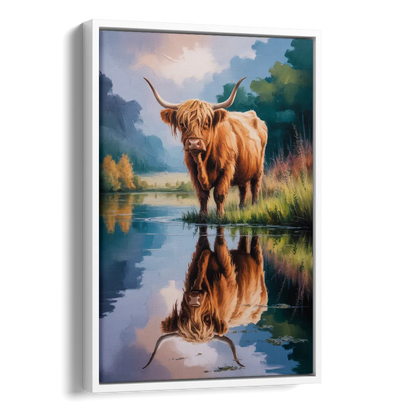 Highland Cow Reflections Side - White Canvas Wall Art