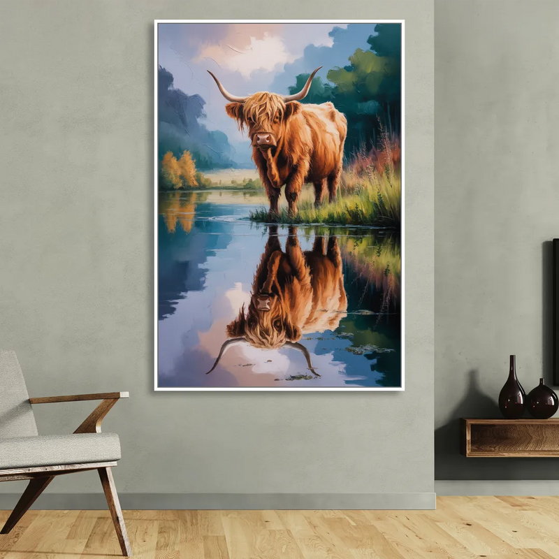 Highland Cow Reflections Sitting Room - White Canvas Wall Art