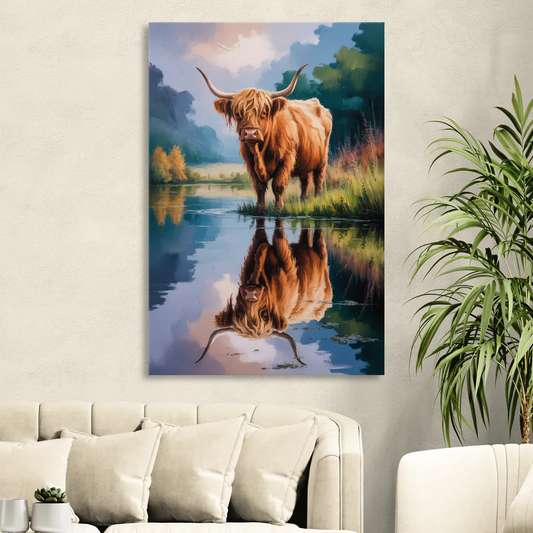 Highland Cow Reflections Living Room - Canvas Wall Art