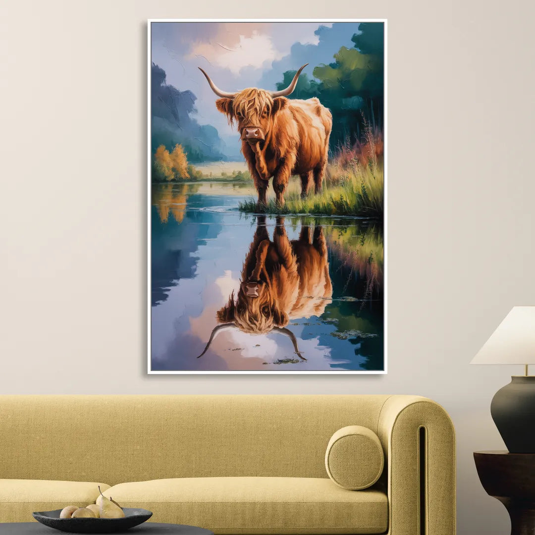 Highland Cow Reflections Living Room - White Canvas Wall Art