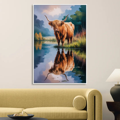 Highland Cow Reflections Living Room - White Canvas Wall Art