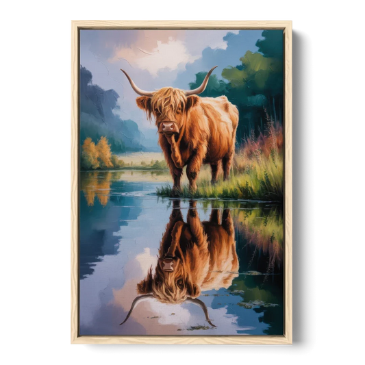 Highland Cow Reflections - Oak Framed Canvas Wall Art - Front
