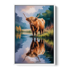 Highland Cow Reflections - White Framed Canvas Wall Art - Front