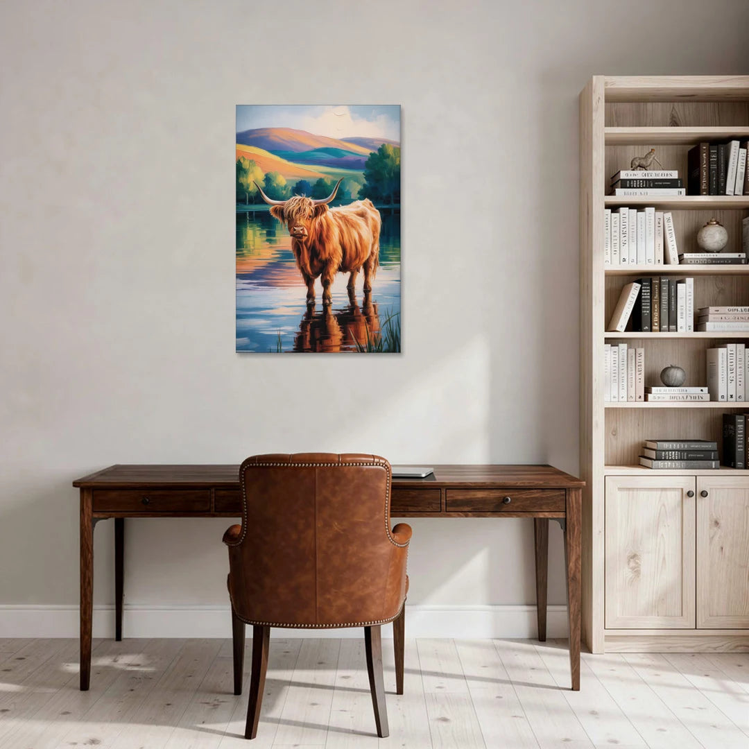 Highland Cow by the Lake - Canvas Wall Art - Office - 24x36