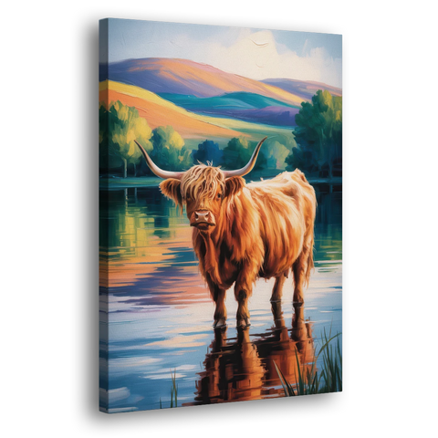 Highland Cow by the Lake - Canvas Wall Art - Side