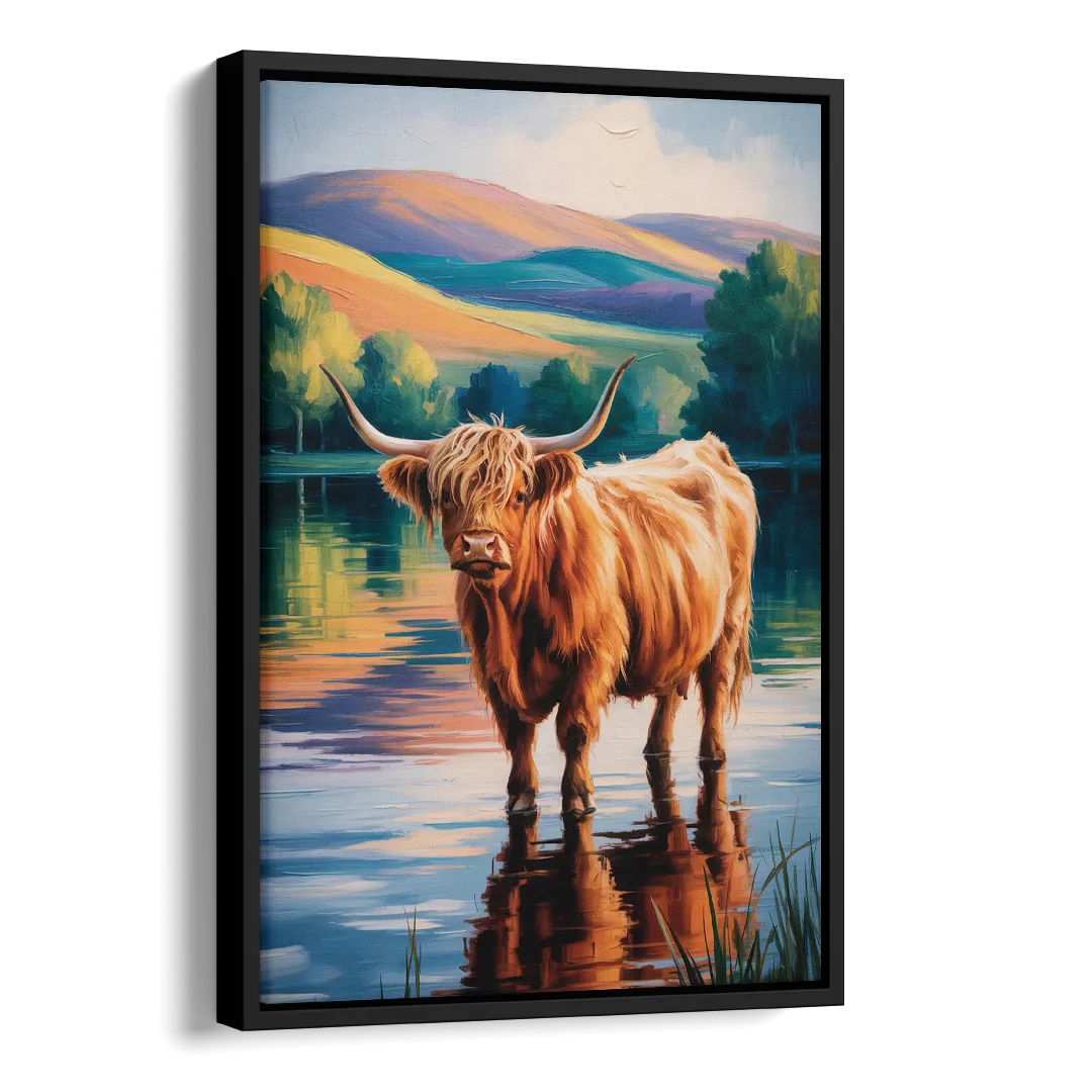 Highland Cow by the Lake Side - Black Canvas Wall Art