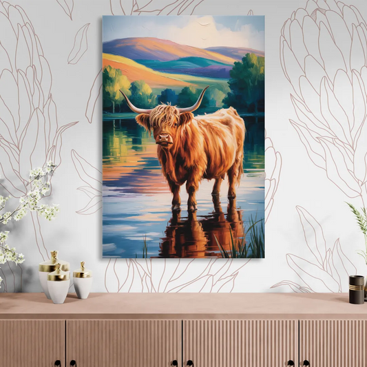 Highland Cow by the Lake Living Room - Canvas Wall Art
