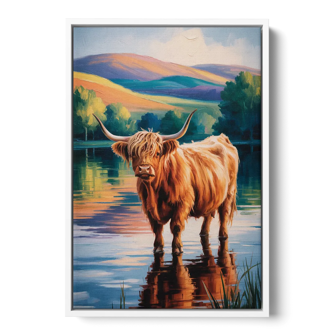 Highland Cow by the Lake Front - White Canvas Wall Art