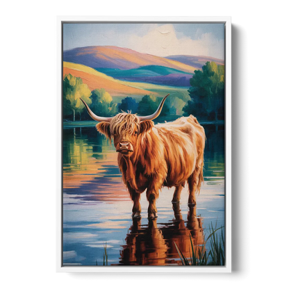 Highland Cow by the Lake Front - White Canvas Wall Art