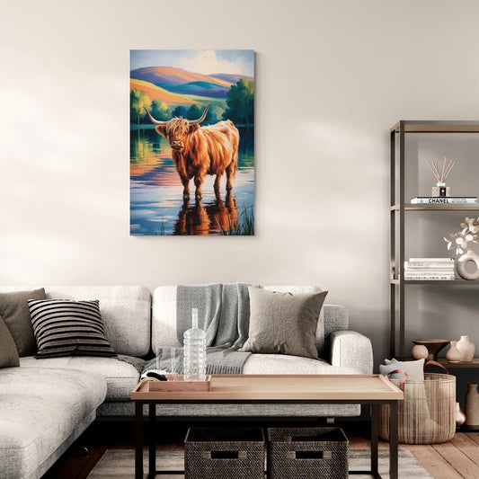 Highland Cow by the Lake - Canvas Wall Art Living Room