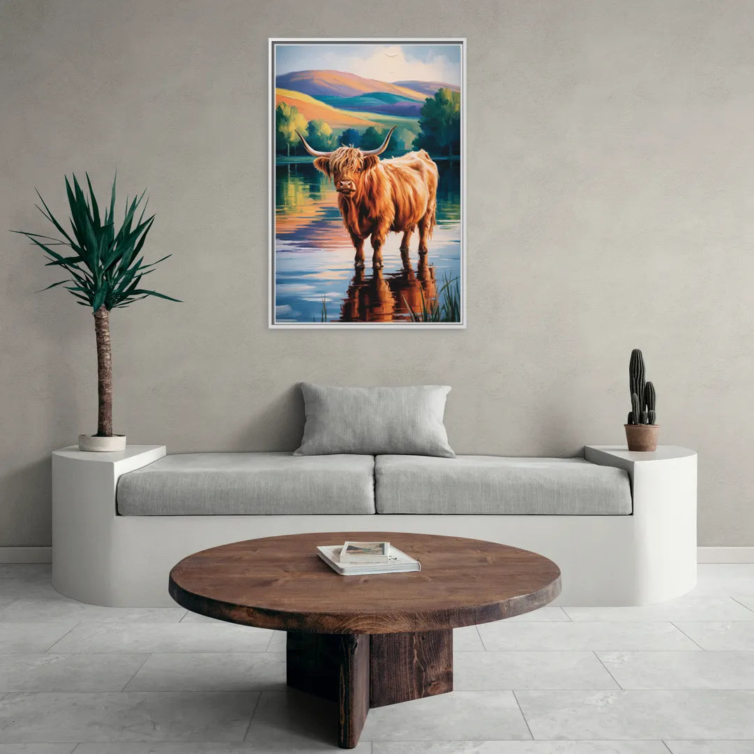 Highland Cow by the Lake - Living Room White Frame Canvas