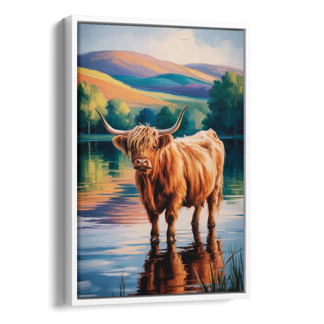 Highland Cow by the Lake Side - White Canvas Wall Art