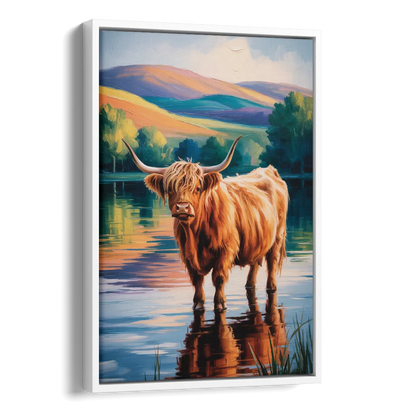 Highland Cow by the Lake Side - White Canvas Wall Art