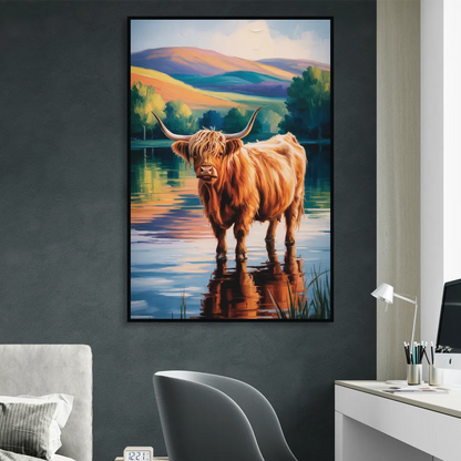 Highland Cow by the Lake Living Room - Black Canvas Wall Art