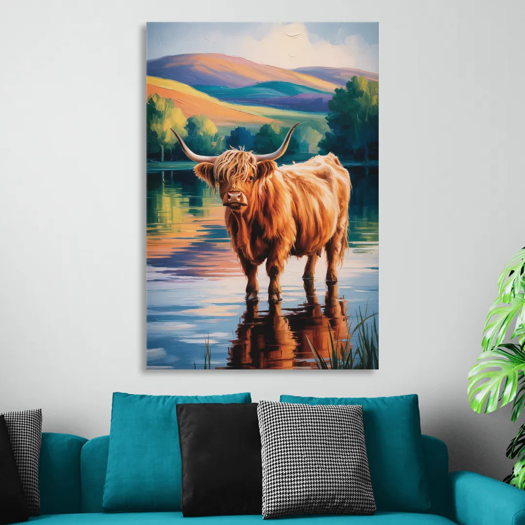 Highland Cow by the Lake Sitting Room - Canvas Wall Art