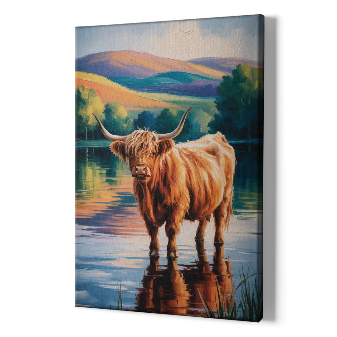Highland Cow by the Lake - Canvas Print Art Sides