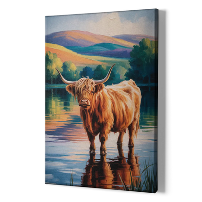 Highland Cow by the Lake - Canvas Print Art Sides