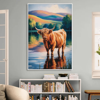 Highland Cow by the Lake Sitting Room - White Canvas Wall Art
