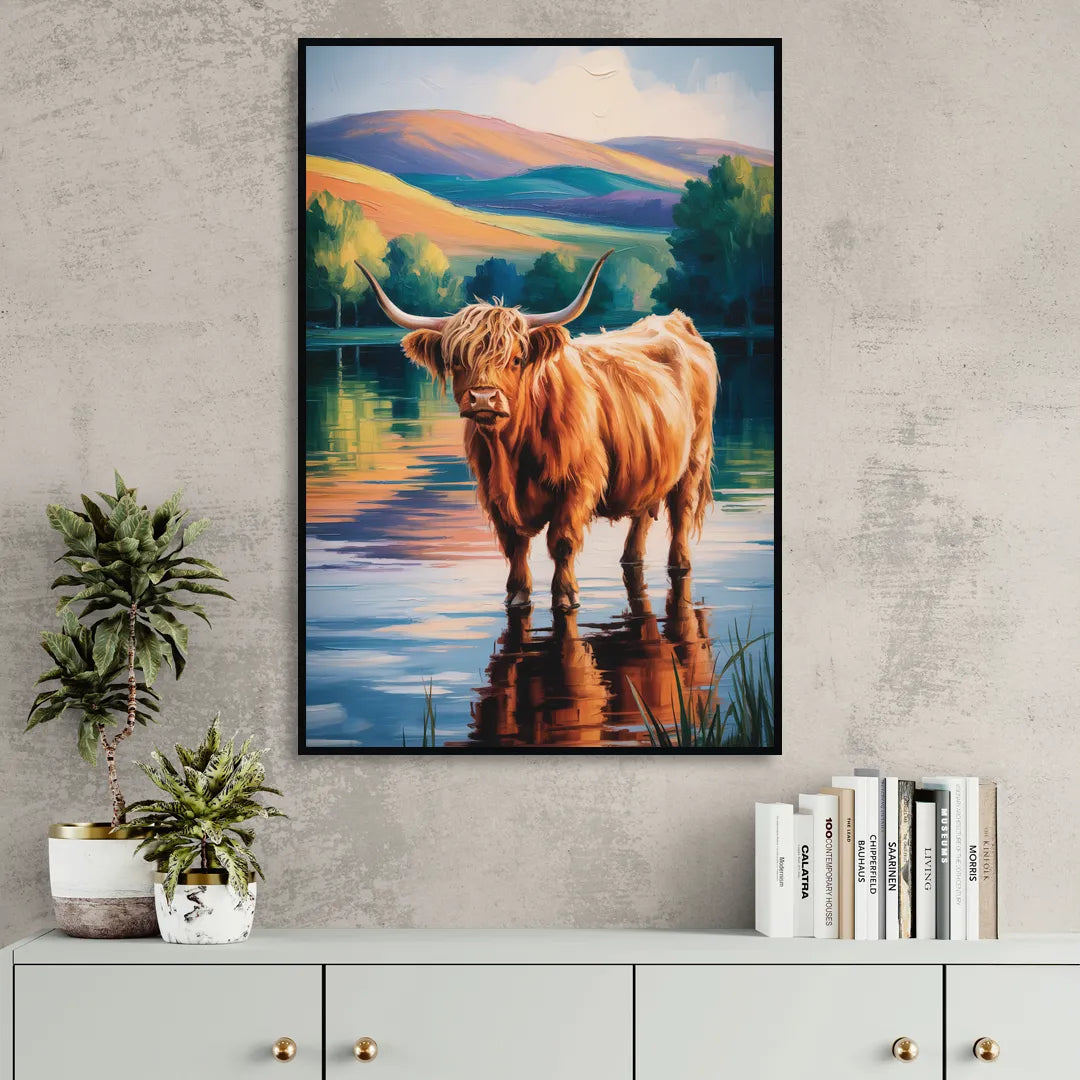 Highland Cow by the Lake Sitting Room - Black Canvas Wall Art