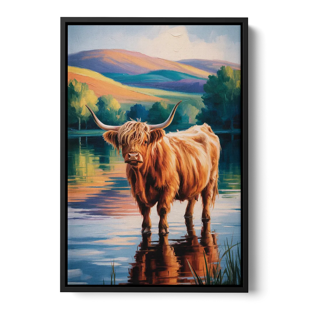 Highland Cow by the Lake Front - Black Canvas Wall Art
