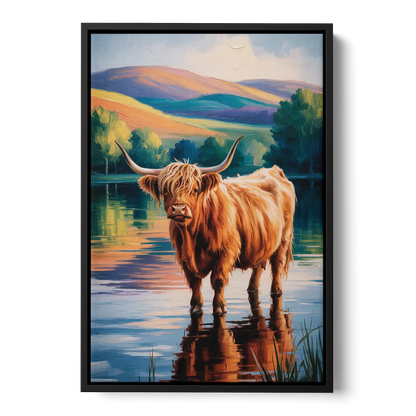 Highland Cow by the Lake Front - Black Canvas Wall Art