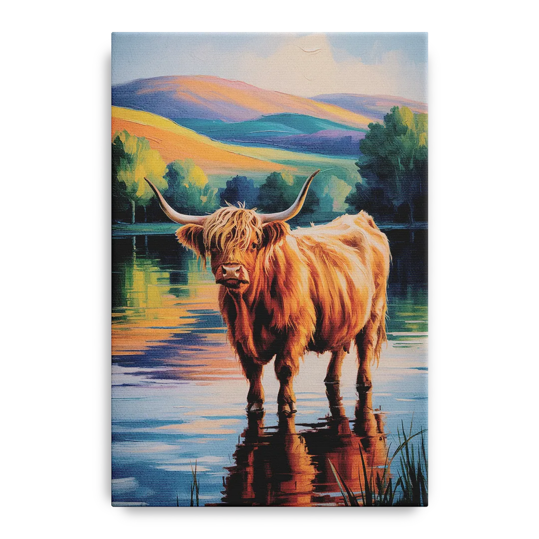 Highland Cow by the Lake Front - Canvas Wall Art