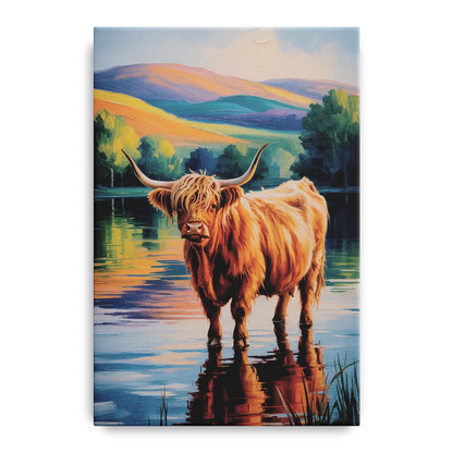 Highland Cow by the Lake Front - Canvas Wall Art