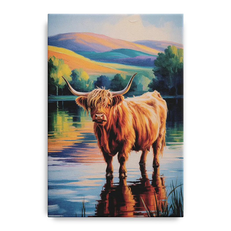 Highland Cow by the Lake Front - Canvas Wall Art
