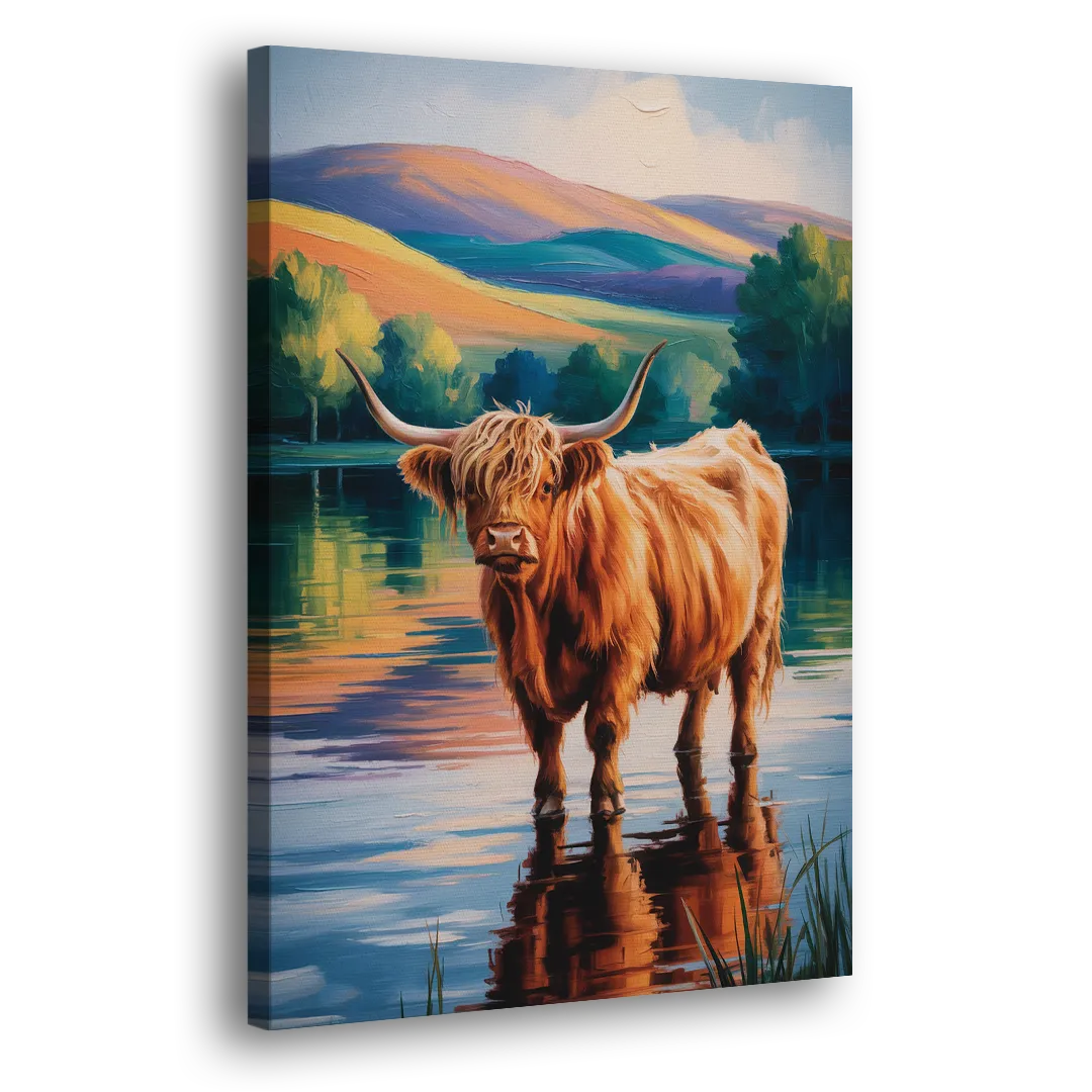 Highland Cow by the Lake Side - Canvas Wall Art