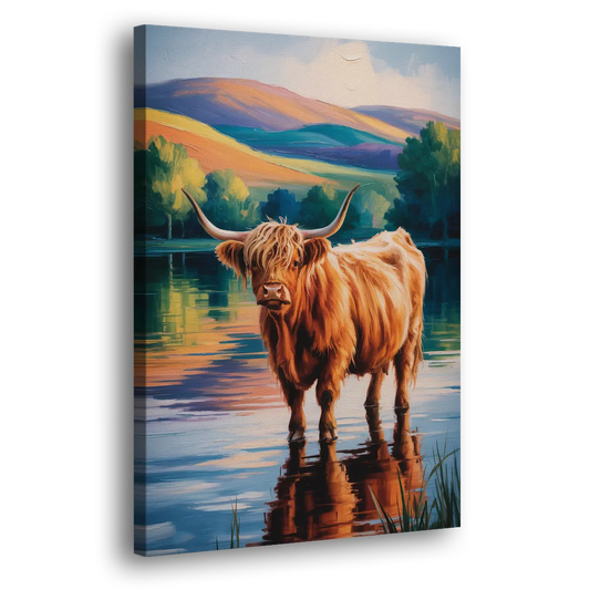 Highland Cow by the Lake Side - Canvas Wall Art