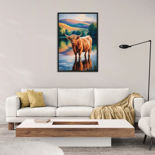 Highland Cow by the Lake - Living Room Black Frame Canvas