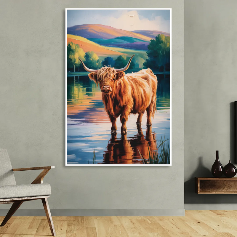 Highland Cow by the Lake Living Room - White Canvas Wall Art