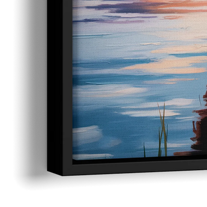 Highland Cow by the Lake - Close-Up Black Frame Canvas