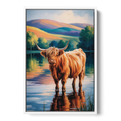 Highland Cow by the Lake - White Framed Canvas Wall Art - Front