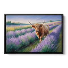 Highland Cow in Lavender Field - Black Framed Canvas Wall Art - Front