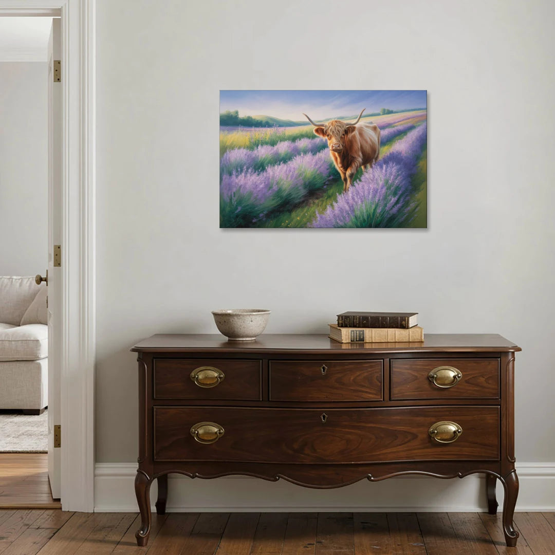 Highland Cow in Lavender Field - Canvas Wall Art - Coffee Table - 36x24