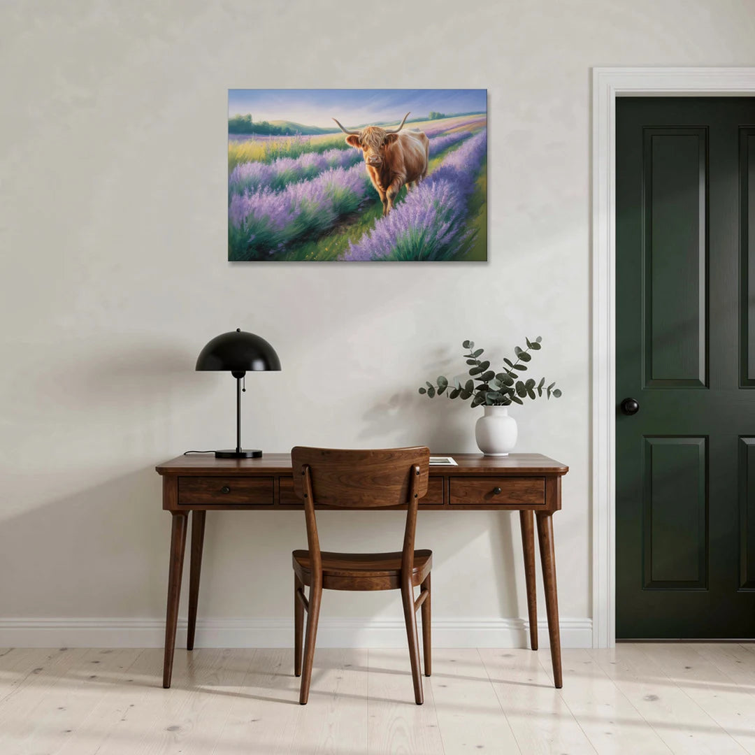 Highland Cow in Lavender Field - Canvas Wall Art - Office - 36x24