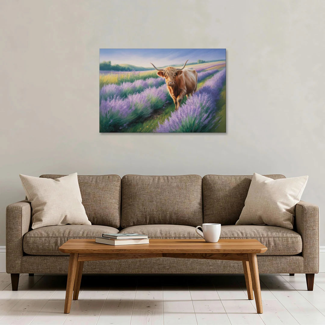 Highland Cow in Lavender Field - Canvas Wall Art - Sofa - 36x24