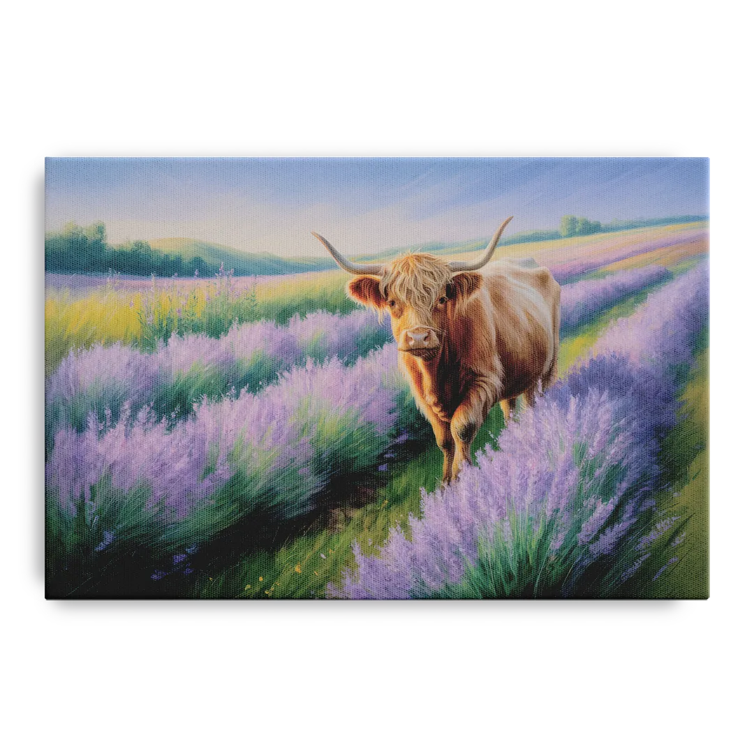 Highland Cow in Lavender Field - Canvas Wall Art