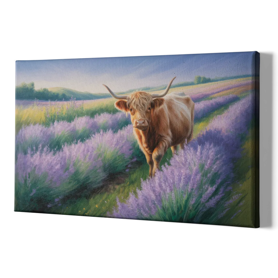 Highland Cow in Lavender Field - Canvas Print Art Sides