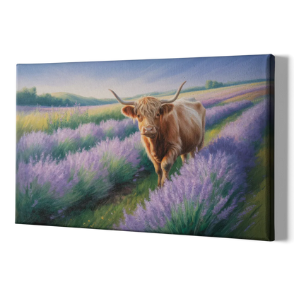 Highland Cow in Lavender Field - Canvas Print Art Sides