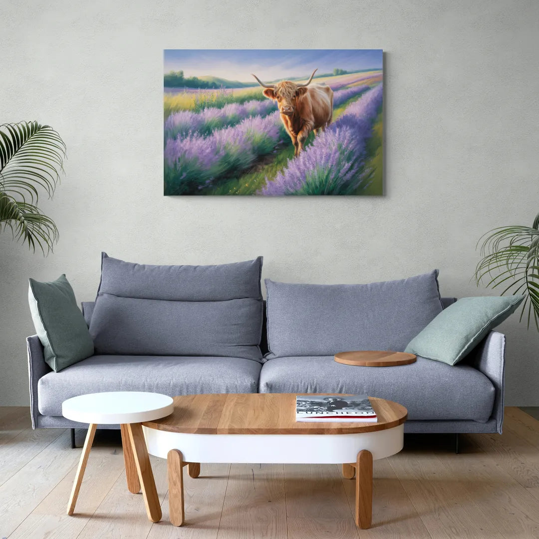 Highland Cow in Lavender Field - Canvas Wall Art Living Room