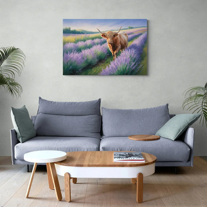 Highland Cow in Lavender Field - Canvas Wall Art Living Room