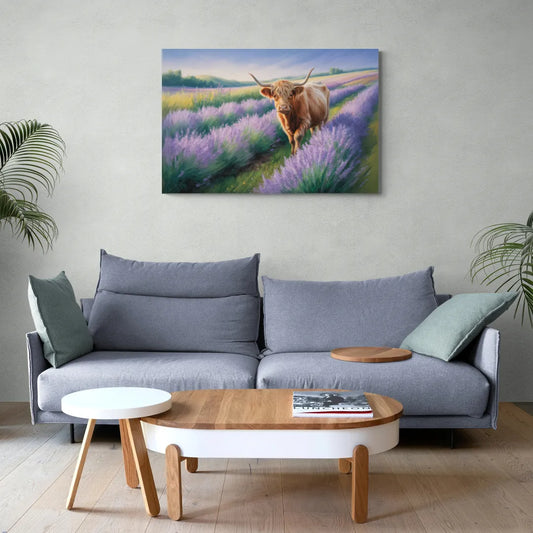 Highland Cow in Lavender Field - Canvas Wall Art Living Room
