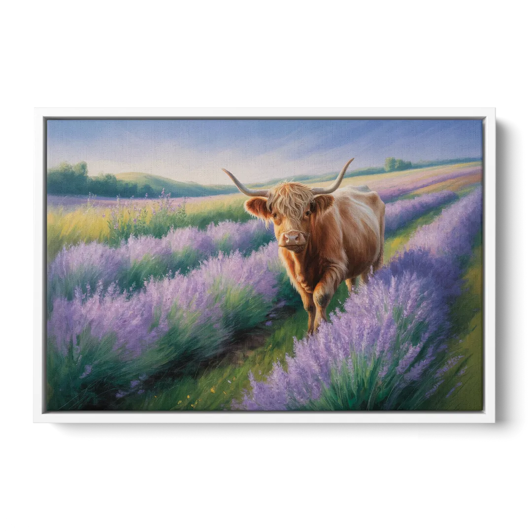 Highland Cow in Lavender Field Front - White Canvas Wall Art