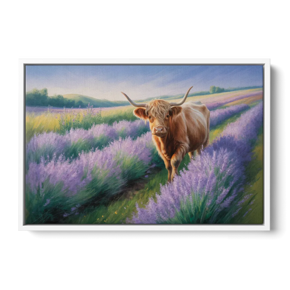 Highland Cow in Lavender Field Front - White Canvas Wall Art